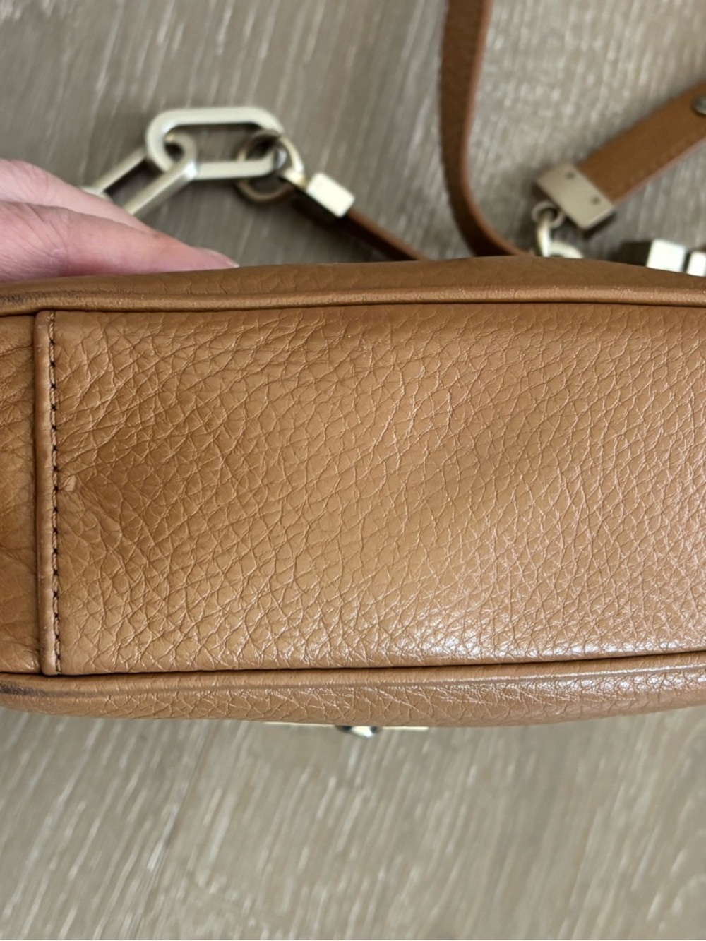 DKNY Tan Pebbled Leather Crossbody with Chain-Detail Strap - Picture 5 of 10
